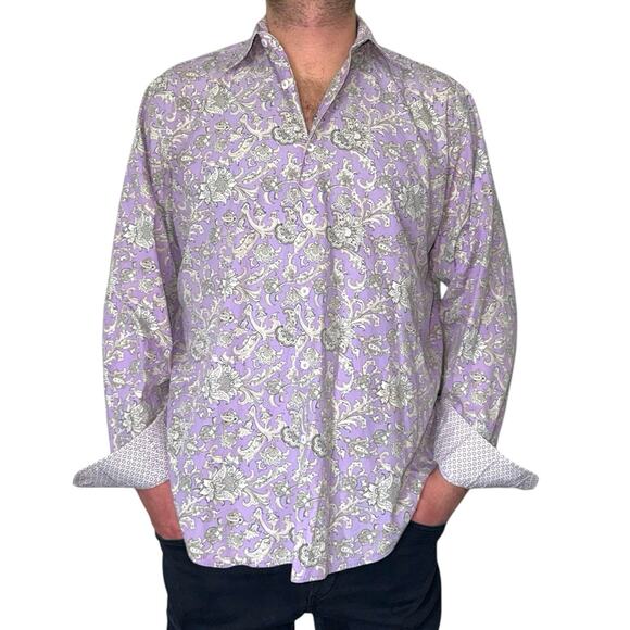 Bugatchi Uomo Collared Button Down Shirt, 100% Cotton Paisley Purple Mens Large - Picture 1 of 9